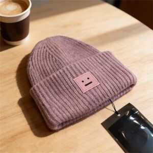 Mauve Knit Beanie with Face Patch